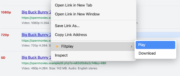 A browser right-click menu over a download link on a web page, opened onto a Flitplay submenu offering Play and Download.