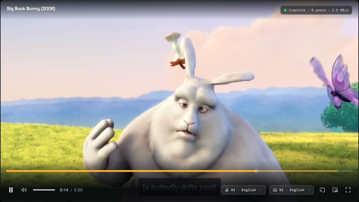 The Flitplay player playing Big Buck Bunny with an English subtitle line on screen, audio and subtitle track pickers in the transport bar, and the fetched part of the timeline running ahead of the playhead.