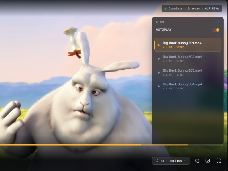 The player's file panel for a four-part pack with autoplay switched on: episode one is playing and episodes two to four are queued below it.